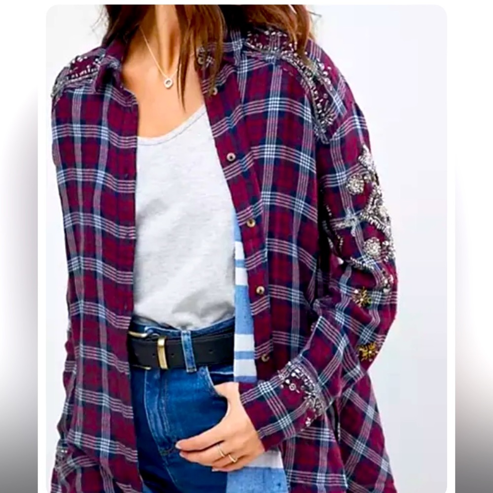 Free People Downtown Romance Embellished Plaid Shirt